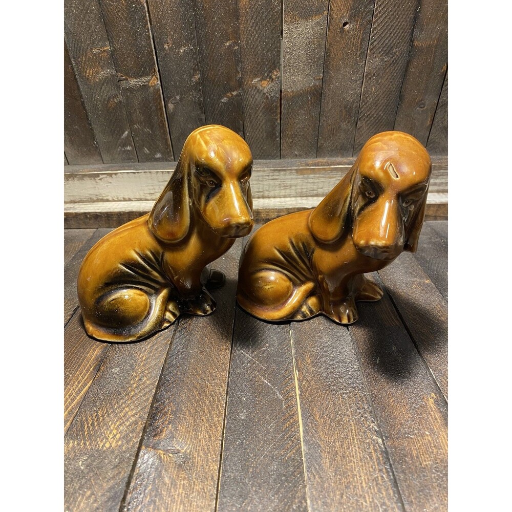 Vintage Brazil Ceramic Dachshund Dog Figurines Pair Mid Century Modern Brown